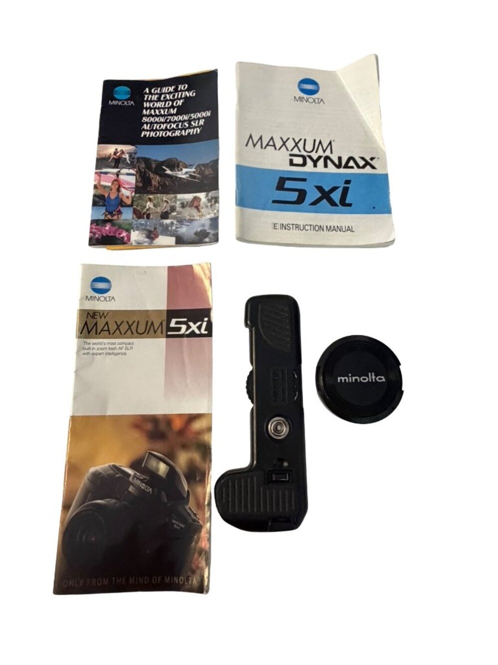 Vintage Minolta Maxxum Dynax 5xi Camera Manuals AE-300 Grip Lens Cap Brochure Lo
